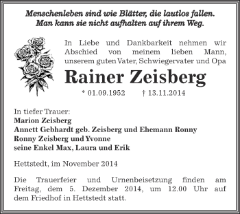 Traueranzeige von Rainer Zeisberg von Wochenspiegel Mansfelder Land