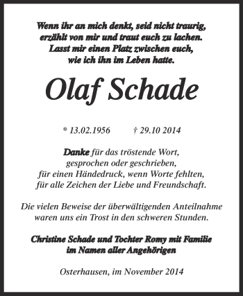 Traueranzeige von Olaf Schade von WVG - Wochenspiegel SGH