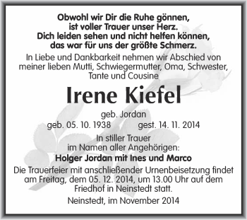 Traueranzeige von Irene Kiefel von Super Sonntag Quedlinburg