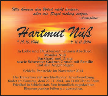 Traueranzeige von Hartmut Nüß von Super Sonntag Quedlinburg