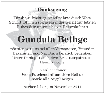 Traueranzeige von Gundula Bethge von Super Sonntag Aschersleben