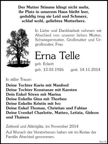 Traueranzeige von Erna Telle von Super Sonntag Zeitz
