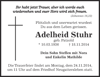 Traueranzeige von Adelheid Stuhr von Super Sonntag Bernburg