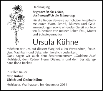 Traueranzeige von Ursula Kühne von Super Sonntag SGH Mansf. Land