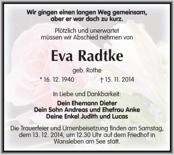 Traueranzeige von Eva Radtke von WVG - Wochenspiegel Halle