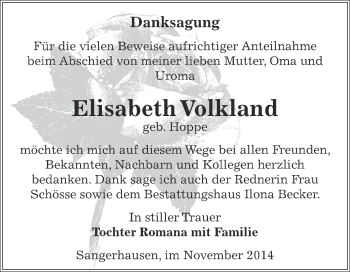Traueranzeige von Elisabeth Volkland von Super Sonntag SGH Mansf. Land
