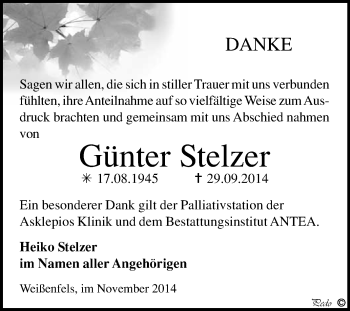 Traueranzeige von Günter Stelzer von WVG - Wochenspiegel NMB / WSF / ZTZ