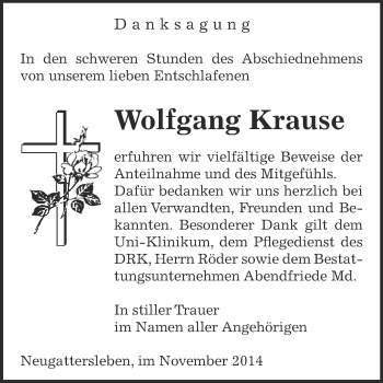 Traueranzeige von Wolfgang Krause von Super Sonntag Bernburg