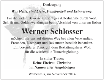 Traueranzeige von Werner Schlosser von WVG - Wochenspiegel NMB / WSF / ZTZ