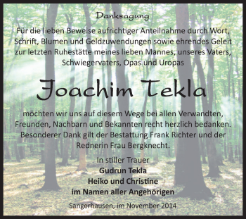 Traueranzeige von Joachim Tekla von Super Sonntag SGH Mansf. Land