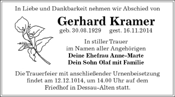 Traueranzeige von Gerhard Kramer von WVG - Wochenspiegel Dessau / Köthen