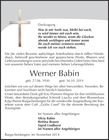 Traueranzeige von Werner Babin von WVG - Wochenspiegel NMB / WSF / ZTZ