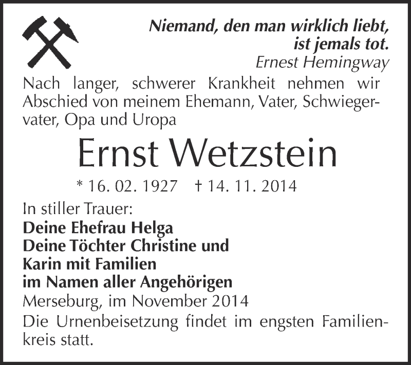  Traueranzeige für Ernst Wetzstein vom 23.11.2014 aus Super Sonntag Merseburg