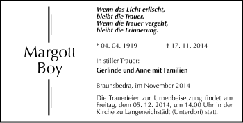 Traueranzeige von Margott Boy von WVG - Wochenspiegel Merseburg