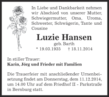 Traueranzeige von Luzie Hansen von Super Sonntag Bernburg