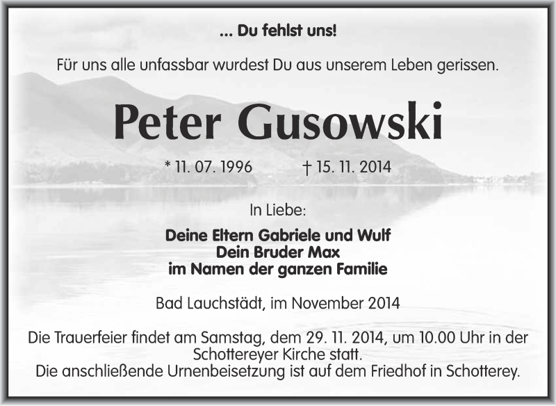  Traueranzeige für Peter Gusowski vom 23.11.2014 aus Super Sonntag Merseburg