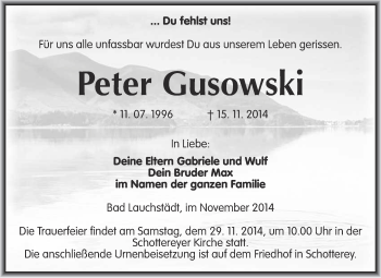 Traueranzeige von Peter Gusowski von Super Sonntag Merseburg