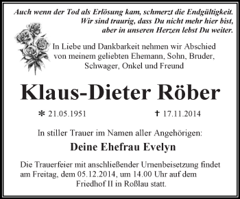 Traueranzeige von Klaus-Dieter Röber von Super Sonntag Dessau / Köthen