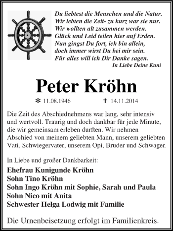 Traueranzeige von Peter Kröhn von Super Sonntag Dessau / Köthen