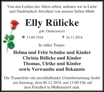 Traueranzeige von Elly Rülicke von Super Sonntag Dessau / Köthen