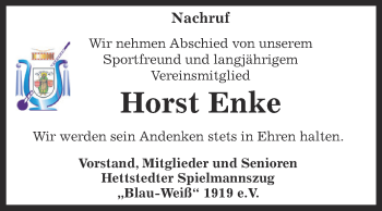 Traueranzeige von Horst Enke von Wochenspiegel Mansfelder Land