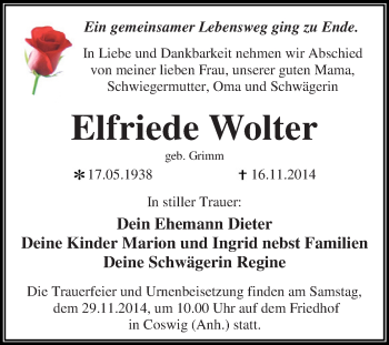Traueranzeige von Elfriede Wolter von Super Sonntag Dessau / Köthen