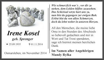 Traueranzeige von Irene Kosel von Super Sonntag Bernburg