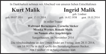 Traueranzeige von Ingrid Malik von Super Sonntag SGH Mansf. Land