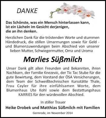 Traueranzeige von Marlies Süßmilch von Super Sonntag Quedlinburg