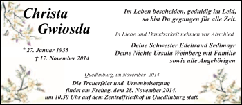 Traueranzeige von Christa Gwiosda von Super Sonntag Quedlinburg