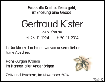 Traueranzeige von Gertraud Kister von Super Sonntag Zeitz
