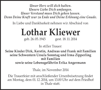 Traueranzeige von Lothar Kliewer von Super Sonntag Quedlinburg