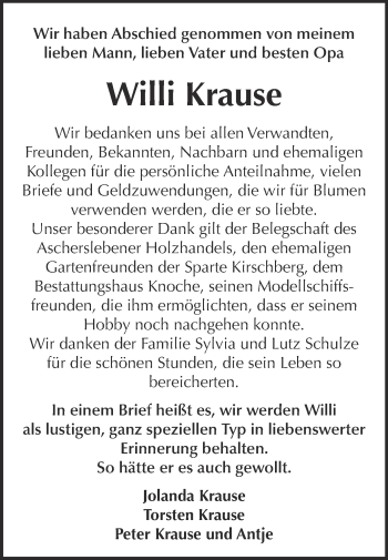 Traueranzeige von Willi Krause von WVG - Wochenspiegel Aschersleben