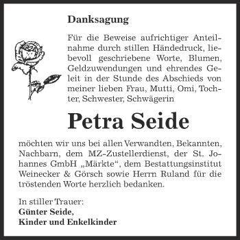 Traueranzeige von Petra Seide von Super Sonntag Bernburg