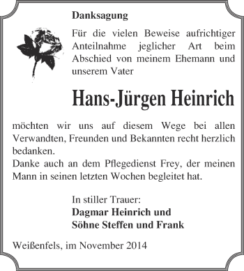Traueranzeige von Hans-Jürgen Heinrich von WVG - Wochenspiegel NMB / WSF / ZTZ