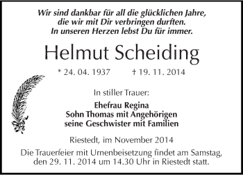 Traueranzeige von Helmut Scheiding von Wochenspiegel Mansfelder Land