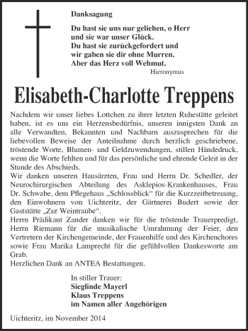 Traueranzeige von Elisabeth-Charlotte Treppens von WVG - Wochenspiegel NMB / WSF / ZTZ