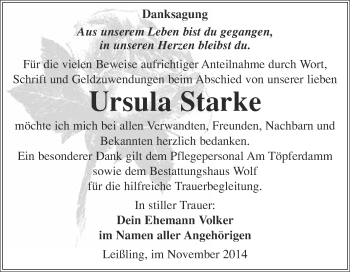 Traueranzeige von Ursula Starke von WVG - Wochenspiegel NMB / WSF / ZTZ