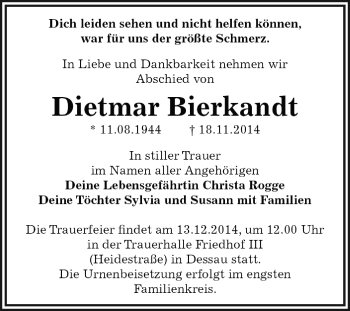 Traueranzeige von Dietmar Bierkandt von WVG - Wochenspiegel Dessau / Köthen