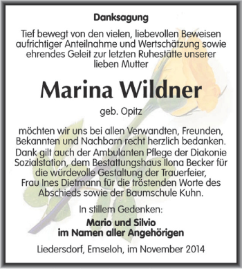 Traueranzeige von Marina Wildner von Super Sonntag SGH Mansf. Land