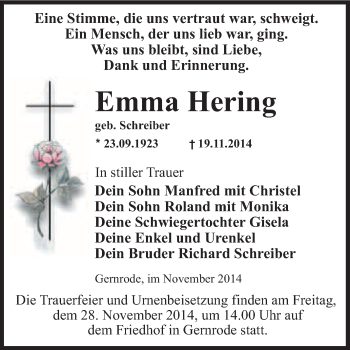 Traueranzeige von Emma Hering von Super Sonntag Quedlinburg