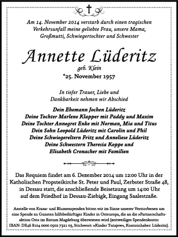 Traueranzeige von Annette Lüderitz von Super Sonntag Dessau / Köthen