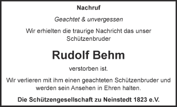 Traueranzeige von Rudolf Behm von Super Sonntag Quedlinburg