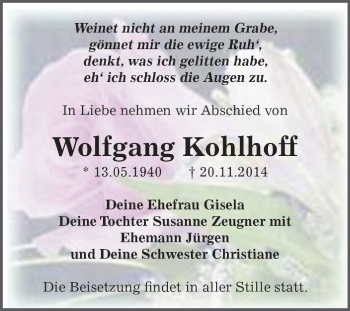 Traueranzeige von Wolfgang Kohlhoff von WVG - Wochenspiegel Dessau / Köthen