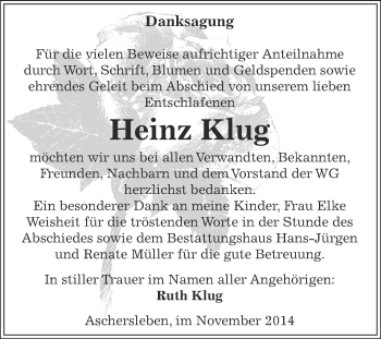 Traueranzeige von Heinz Klug von WVG - Wochenspiegel Aschersleben