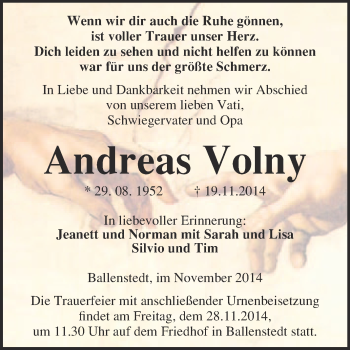 Traueranzeige von Andreas Volny von WVG - Wochenspiegel Quedlinburg