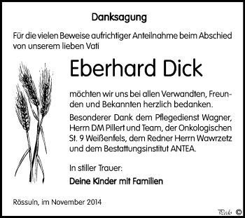 Traueranzeige von Eberhard Dick von WVG - Wochenspiegel NMB / WSF / ZTZ