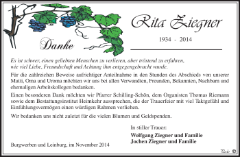 Traueranzeige von Rita Ziegner von WVG - Wochenspiegel NMB / WSF / ZTZ
