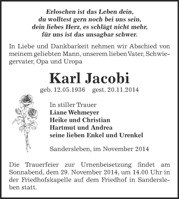 Traueranzeige von Karl Jacobi von Wochenspiegel Mansfelder Land