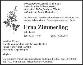 Traueranzeige von Erna Zimmerling von WVG - Wochenspiegel NMB / WSF / ZTZ